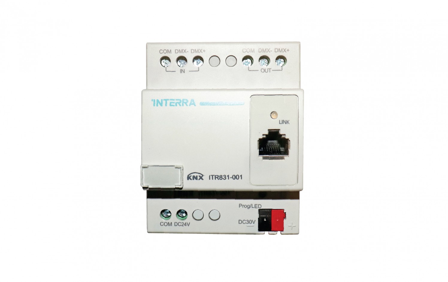 Interra KNX - DMX Шлюз. Работает в трех режимах как DMX recorder, DMX диммер и DMX в KNX конвертер на 48 каналов. Требует дополнительного питания 24V DC.