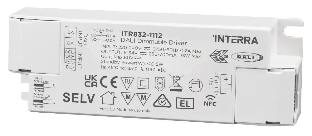 Программируемый NFC DALI-2 DT6 драйвер постоянного тока LED мощностью 25 Вт (250–700 мА)