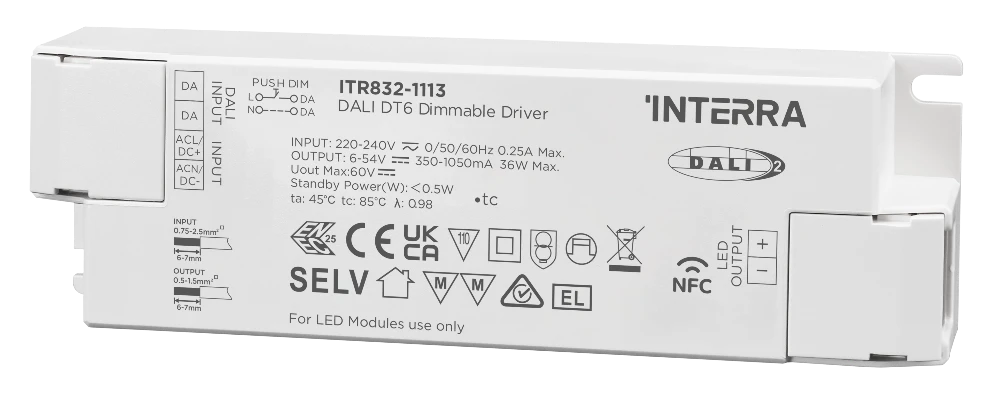 Программируемый NFC DALI-2 DT6 драйвер постоянного тока LED мощностью 36 Вт (350–1050 мА)