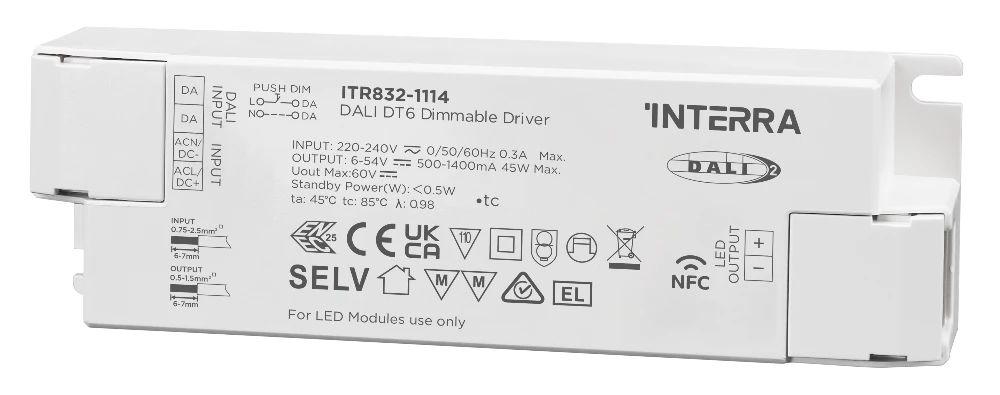 Программируемый NFC DALI-2 DT6 драйвер постоянного тока LED мощностью 45 Вт (500–1400 мА)