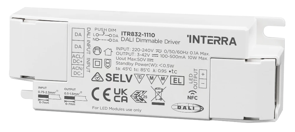 Программируемый NFC DALI-2 DT6 драйвер постоянного тока LED мощностью 10 Вт (100–500 мА)